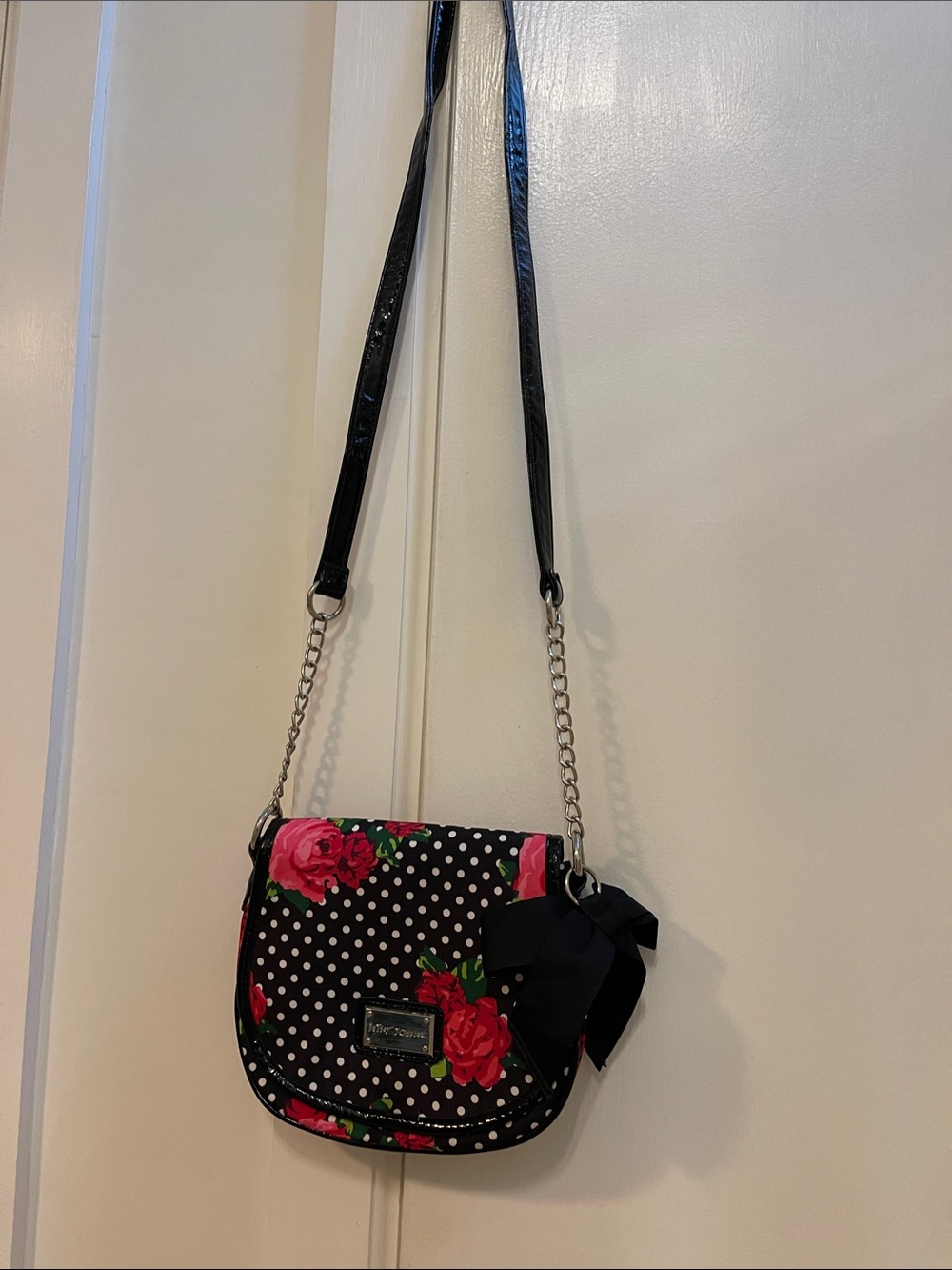 Betsey Johnson Black Polka Dot Crossbody with Pink Rose Accents